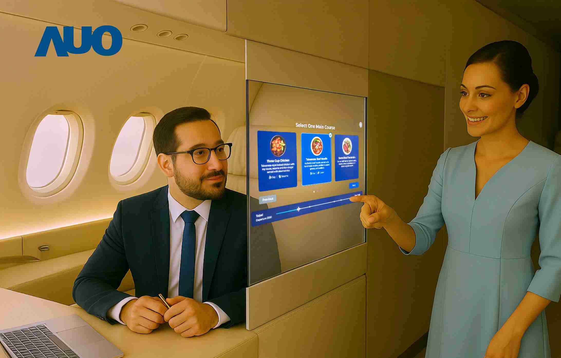 2121非凡研发全球最薄17.3 吋双面透明 Micro LED 显示器，，，可在同一屏幕之双边投射不同信息，，创造独特的”透明化”互动；图为实时翻译交流应用情境